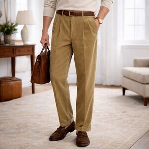 Burberry London Corduroy Pants Mens 34x30 Brown Tan Pleated Cuffed Made in Italy